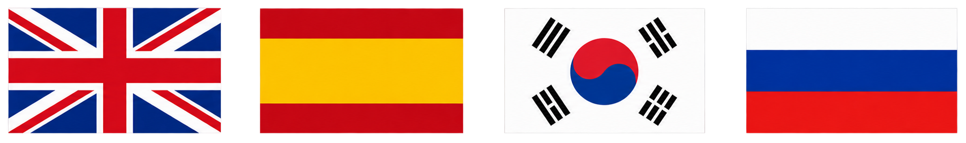 English, Spanish, Korean and Russian